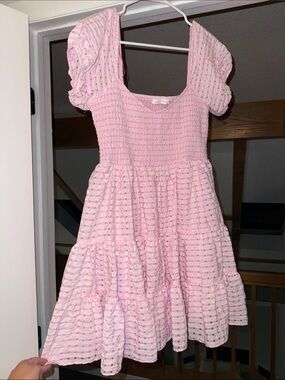 Pink Puff Sleeve Smocked Tiered Dress